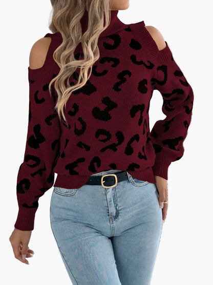 Damen Pullover mit Leopardenmuster und Cut-Out-Schultern – Modischer Strickpulli für Alltag und Freizeit