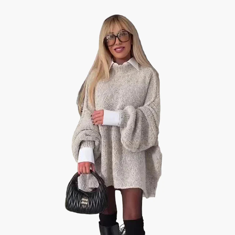 Damen Oversize Pulloverkleid mit Ballonärmeln und Hemdkragen – Modisches Herbst-Outfit