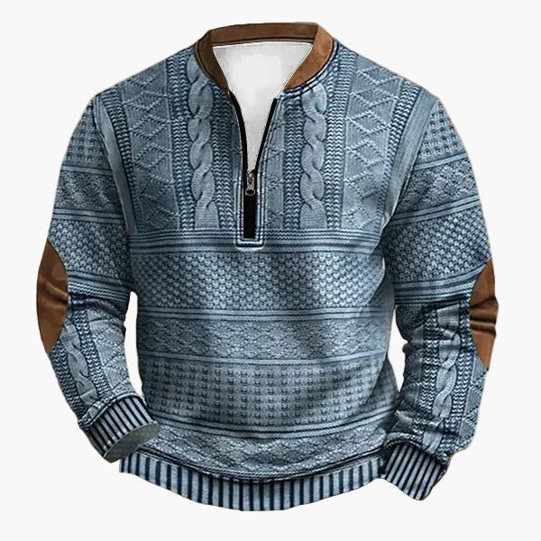 Herren Strick-Look Pullover mit Reißverschluss und Patch-Details – Modernes Freizeit-Sweatshirt