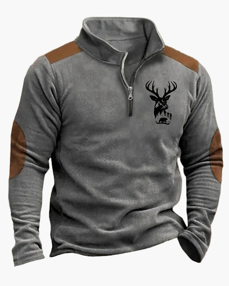 Herren Outdoor Sweatshirt mit Hirschkopf-Print, Freizeitpullover, modischer Stehkragen
