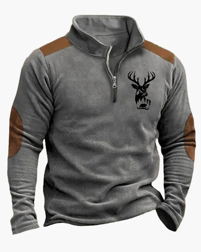 Herren Outdoor Sweatshirt mit Hirschkopf-Print, Freizeitpullover, modischer Stehkragen