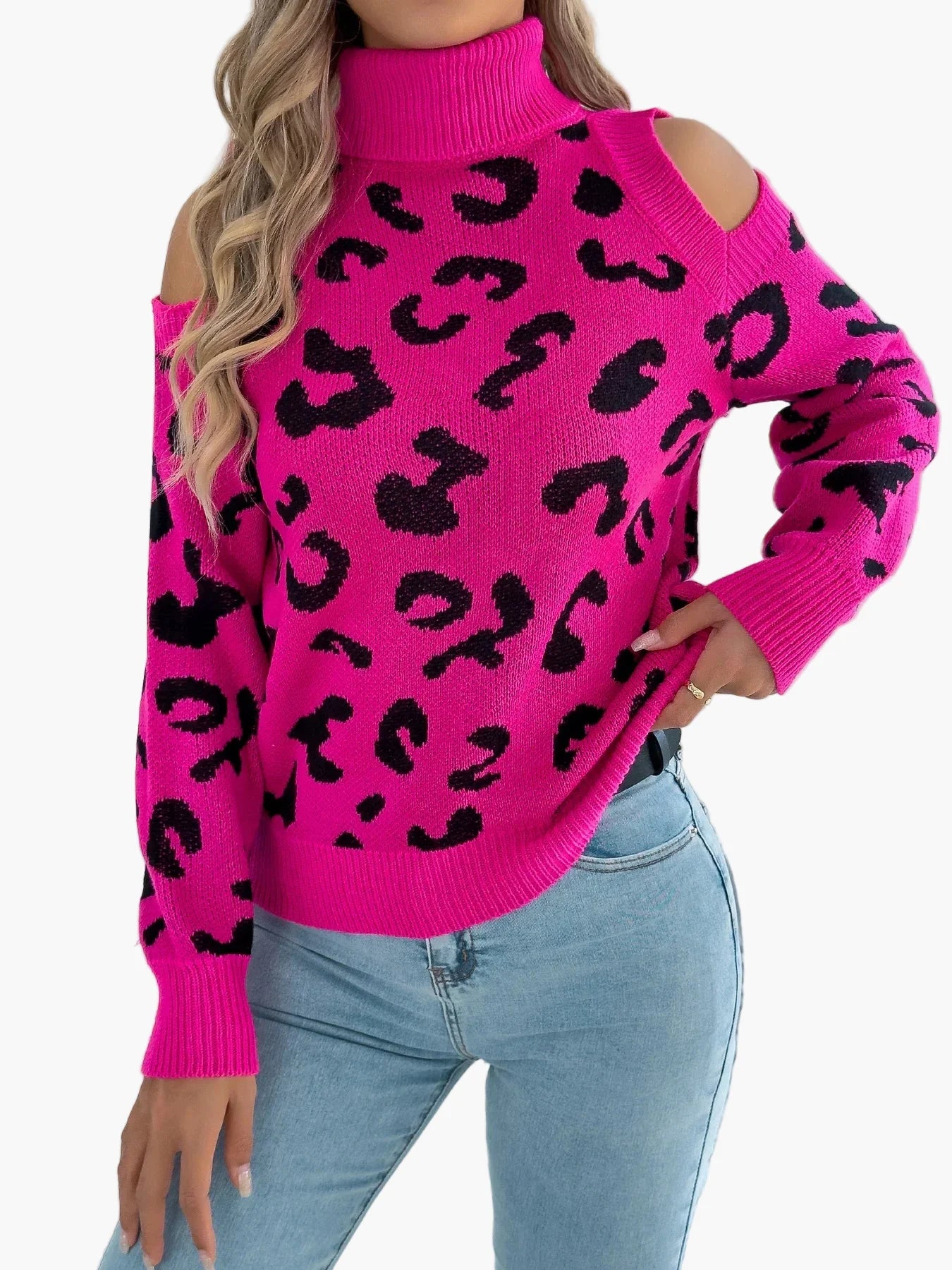 Damen Pullover mit Leopardenmuster und Cut-Out-Schultern – Modischer Strickpulli für Alltag und Freizeit