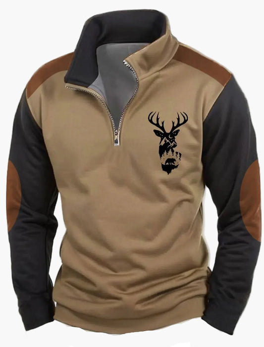Herren Outdoor Sweatshirt mit Hirschkopf-Print, Freizeitpullover, modischer Stehkragen