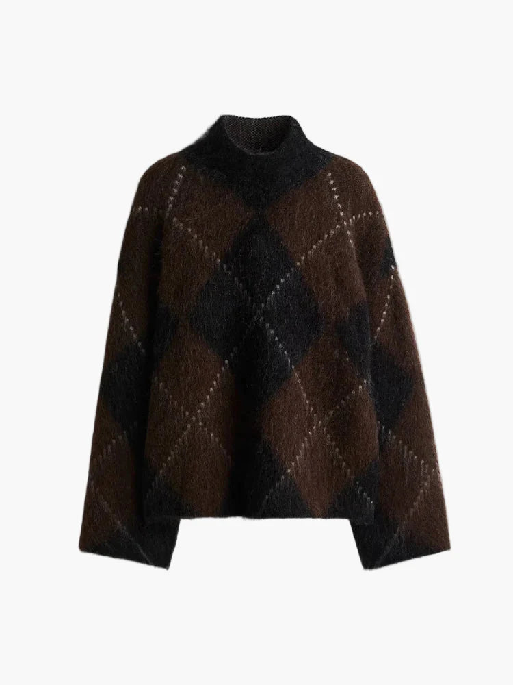 Damen Oversize Strickpullover im Karo-Design für Herbst und Winter – Trendiger und Bequemer Freizeitlook