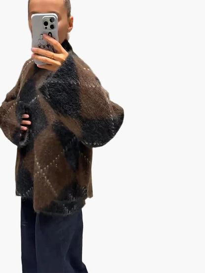 Damen Oversize Strickpullover im Karo-Design für Herbst und Winter – Trendiger und Bequemer Freizeitlook