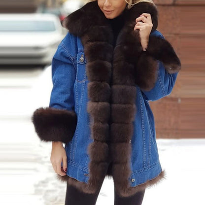 Elena – Wintermode Faux-Fur Einteiler Jeansjacke mit Langarm