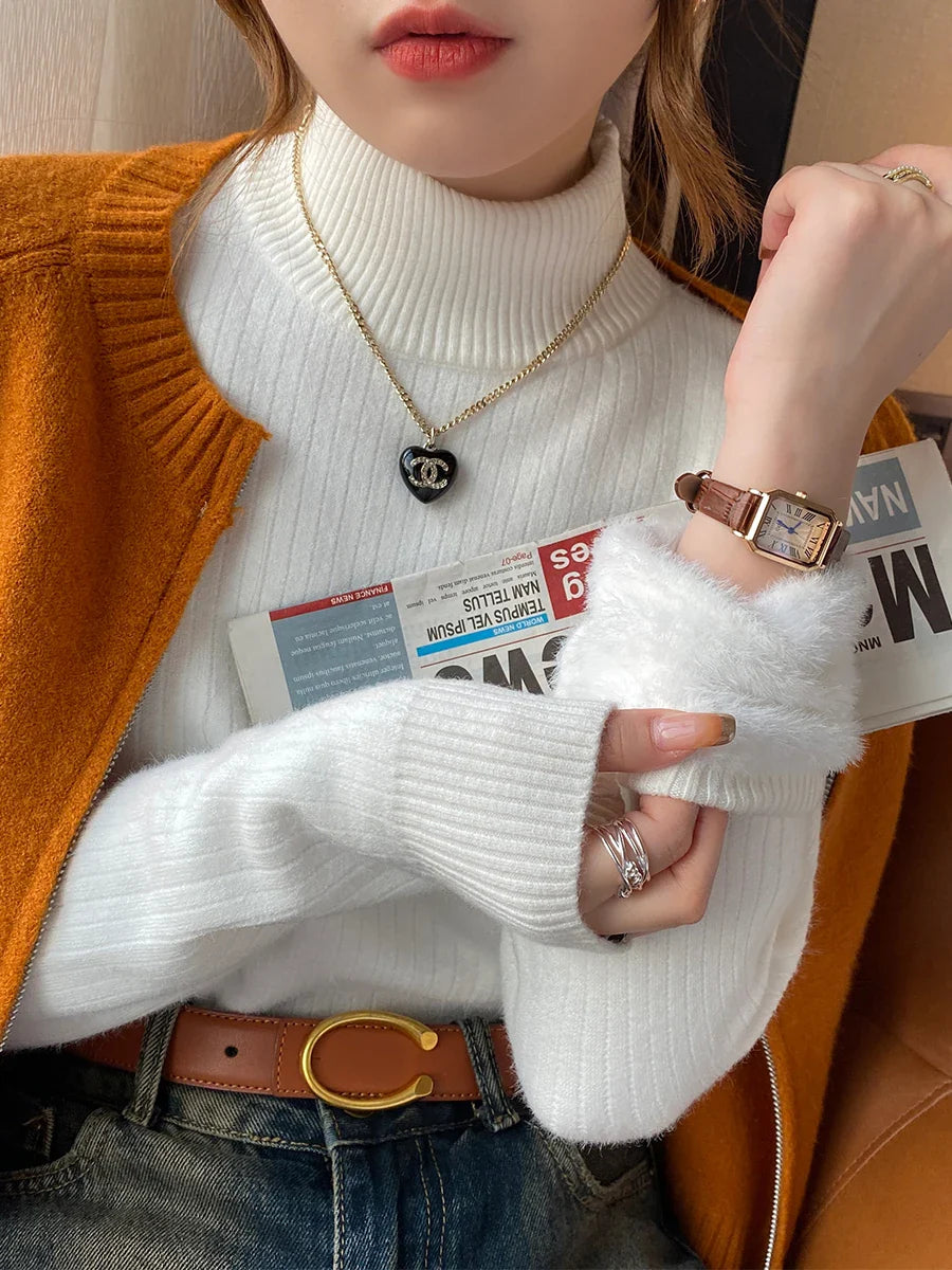 Damen Rollkragen Pullover Crop Top Winter Warm Strickmode Freizeit