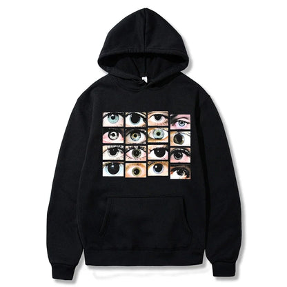 Eva – Damen Langarm Streetwear Hoodie Sweatshirt mit Augen-Print Harajuku Pullover Herbst Lässiger Kapuzenpulli