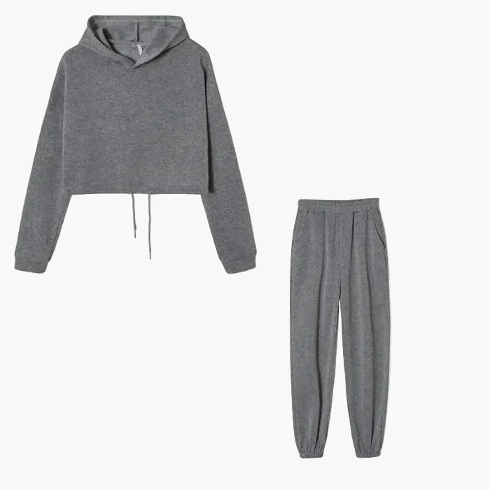 Damen Zweiteiliges Lounge-Set – Modisches Cropped Hoodie und Jogginghose, Bequemes Freizeit-Outfit