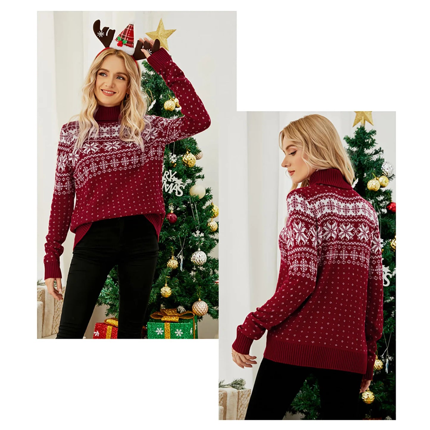 Laura - Hässlicher Weihnachtspulli - Vintage Rollkragenpullover mit Schneeflockenmuster