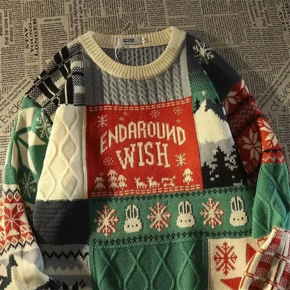 Nina -Hässlicher Weihnachtspulli - Lockerer Retro-Pullover mit V-Ausschnitt und Farbblock-Design