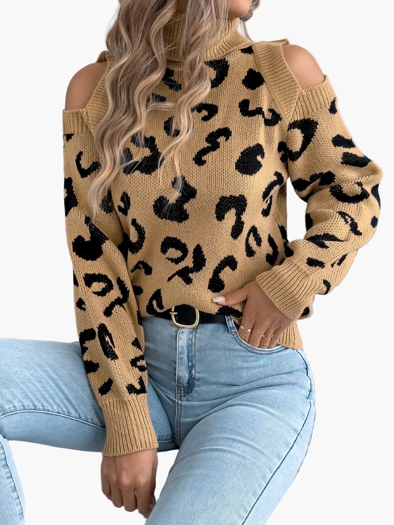 Damen Pullover mit Leopardenmuster und Cut-Out-Schultern – Modischer Strickpulli für Alltag und Freizeit