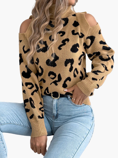 Damen Pullover mit Leopardenmuster und Cut-Out-Schultern – Modischer Strickpulli für Alltag und Freizeit