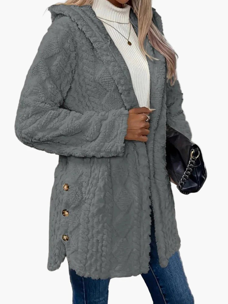 Damen Teddyfell Kapuzenjacke mit Knopfdetails – Kuscheliger Cardigan für Herbst und Winter