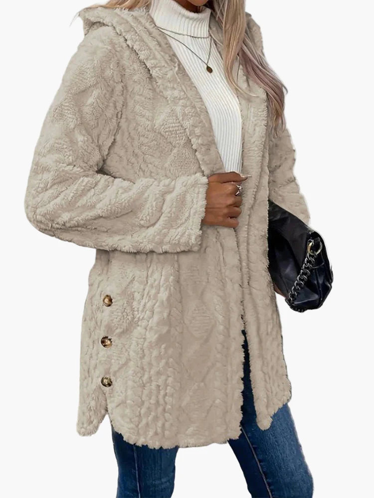 Damen Teddyfell Kapuzenjacke mit Knopfdetails – Kuscheliger Cardigan für Herbst und Winter