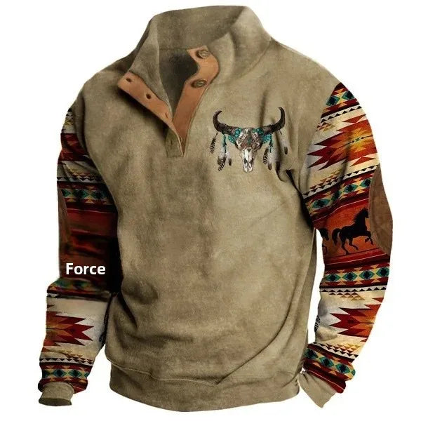 Herren Vintage Western Pullover mit Ethno-Muster – Freizeit, 3D-Druck, Halbknopf, Winter