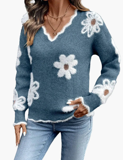 Damen Pullover mit Blumenmuster – Modischer Strickpullover im Retro-Stil für Freizeit und Alltag