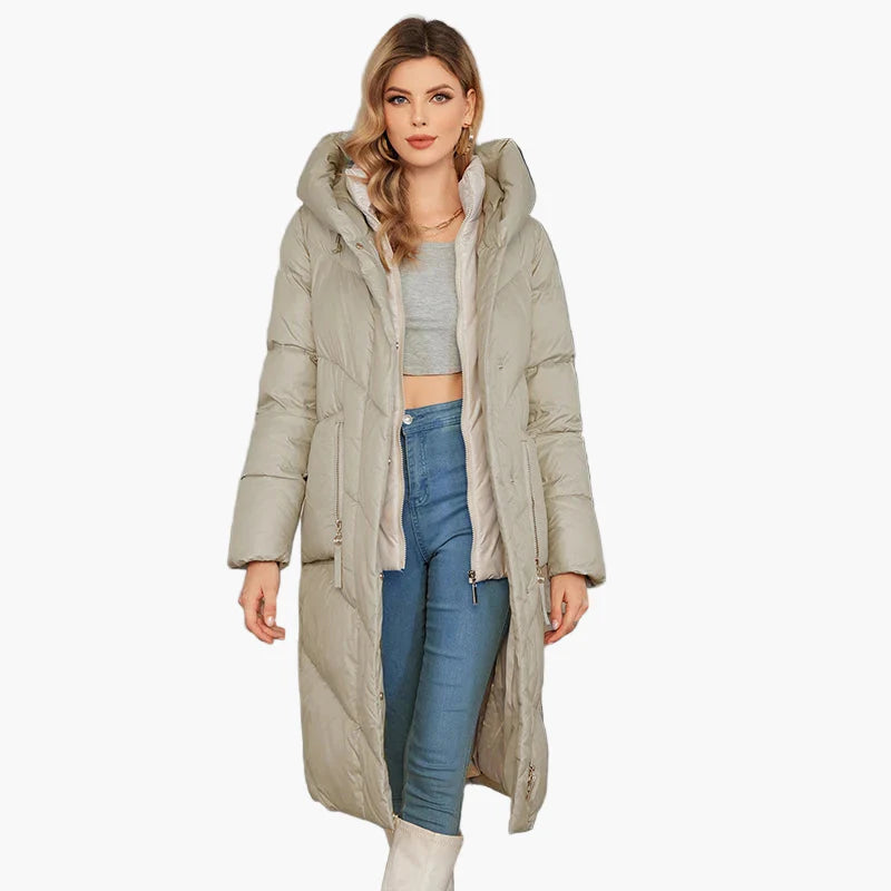 Damen Winter Steppmantel mit Kapuze – Eleganter langer Puffer für Alltag & Outdoor