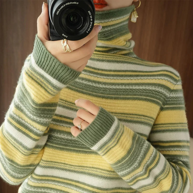 Damen Strickpullover mit Rollkragen – Modischer Streifenlook für Herbst und Winter, Freizeit & Alltag