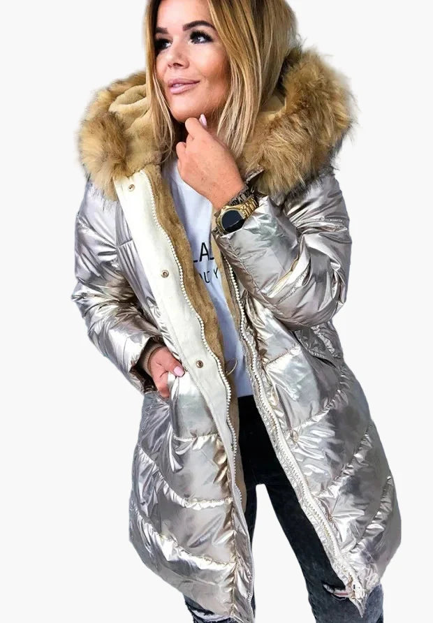 Damen Winter Steppmantel mit Kapuze und Kunstpelzkragen, Warm Verdickt, Modischer Outdoor-Parka