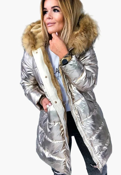 Damen Winter Steppmantel mit Kapuze und Kunstpelzkragen, Warm Verdickt, Modischer Outdoor-Parka