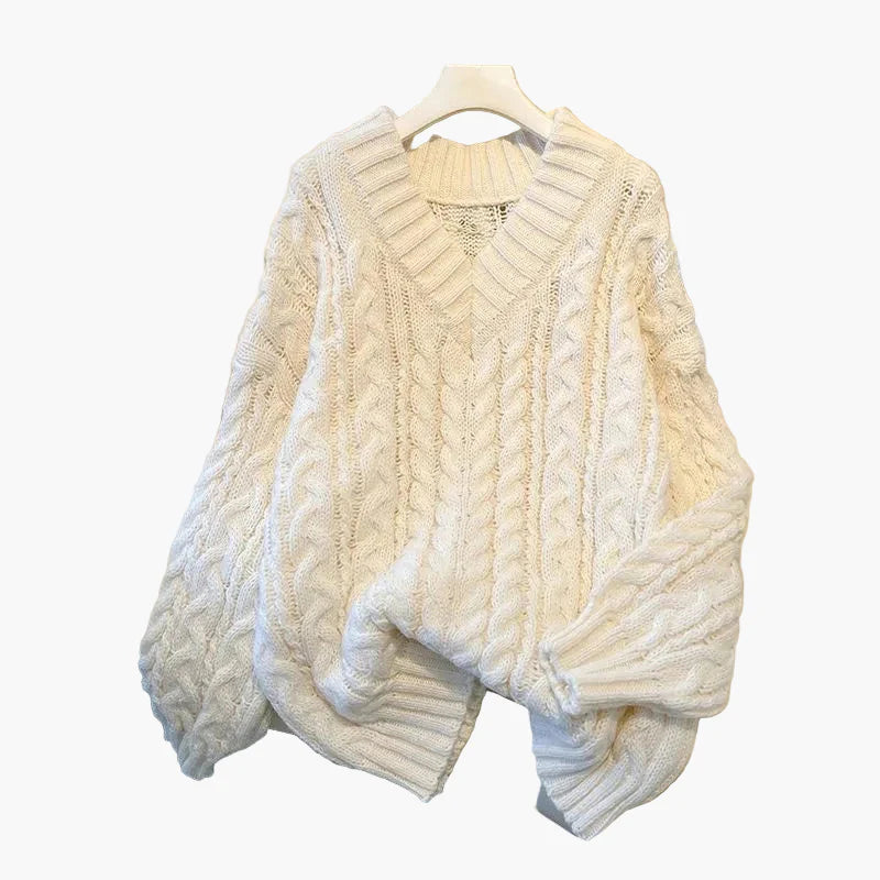 Damen Strickpullover im Zopfmuster – V-Ausschnitt, gemütlicher Oversize-Stil, modischer Winter-Look