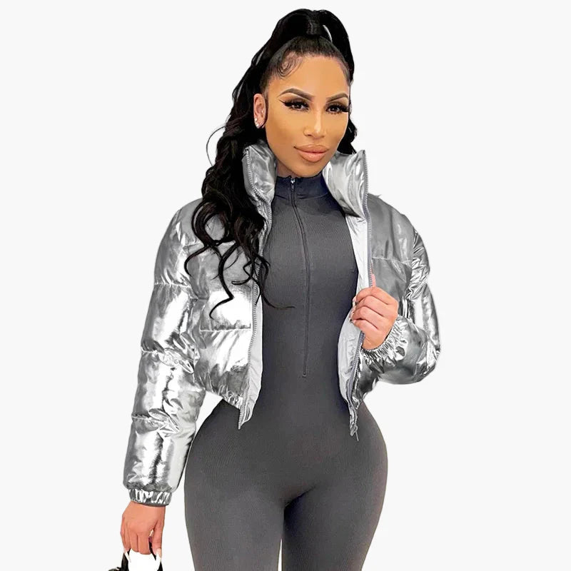 Damen Steppjacke im glänzenden Metallic-Look – Modische Kurzjacke für Streetstyle und Freizeit