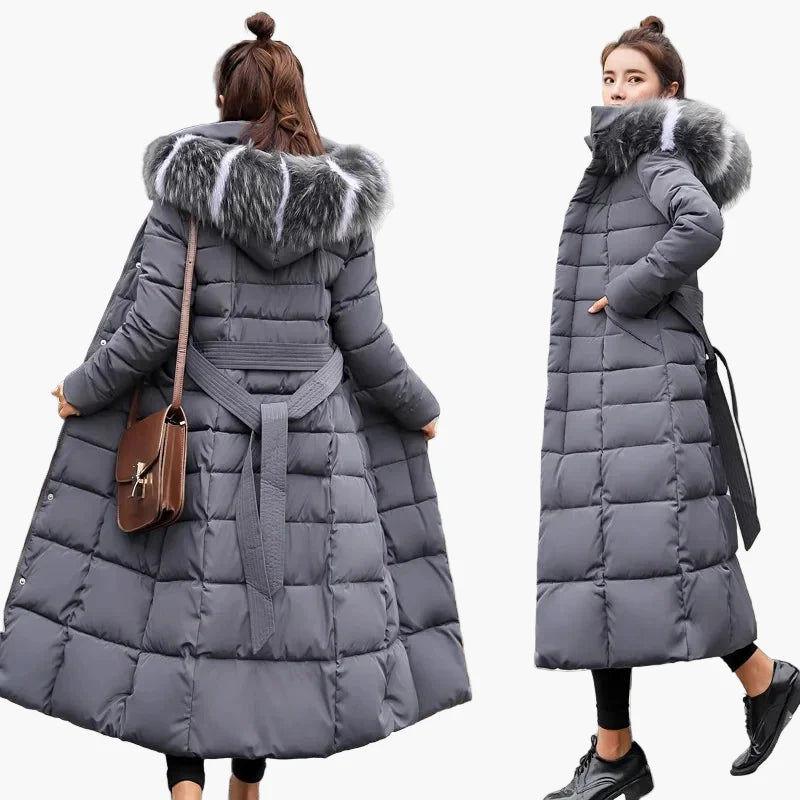 Damen Winter Daunenmantel mit Kapuze und Fellkragen – Eleganter Koreanischer Stil, Lang, Wärmend, Modisch