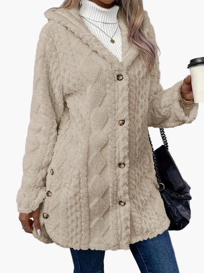 Damen Teddyfell Kapuzenjacke mit Knopfdetails – Kuscheliger Cardigan für Herbst und Winter