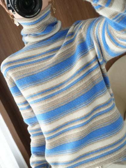 Damen Strickpullover mit Rollkragen – Modischer Streifenlook für Herbst und Winter, Freizeit & Alltag