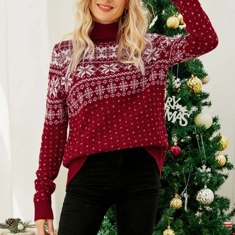 Alina - Hässlicher Weihnachtspulli - Vintage Rollkragenpullover mit Schneeflockenmotiv