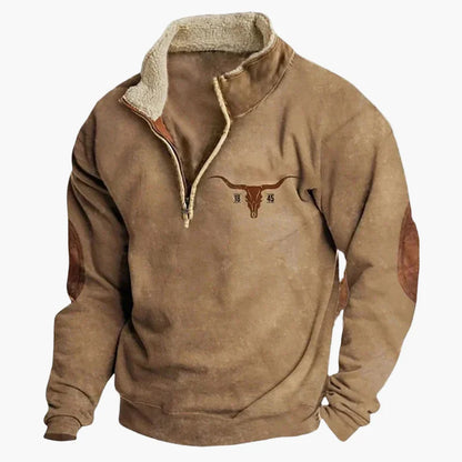 Herren Pullover im Western-Stil mit Ethno-Muster und Longhorn-Print – Bequemer Freizeit-Sweater mit halbem Reißverschluss