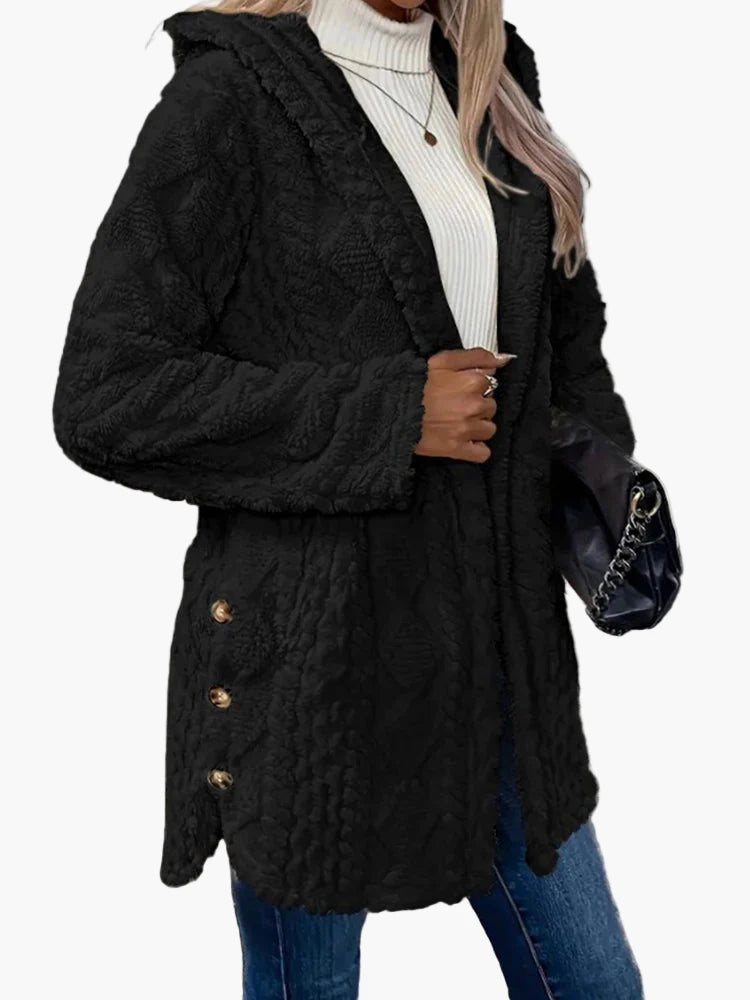 Damen Teddyfell Kapuzenjacke mit Knopfdetails – Kuscheliger Cardigan für Herbst und Winter