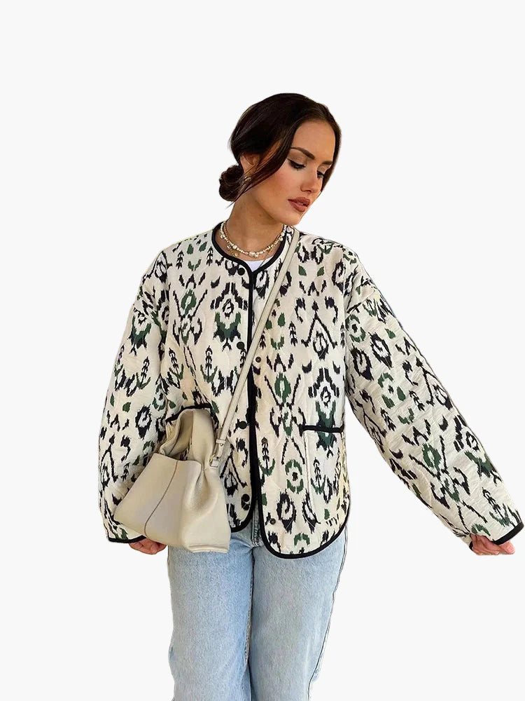 Damen Steppjacke im Boho-Stil – Modische Übergangsjacke mit Ethno-Muster für Freizeit und Alltag
