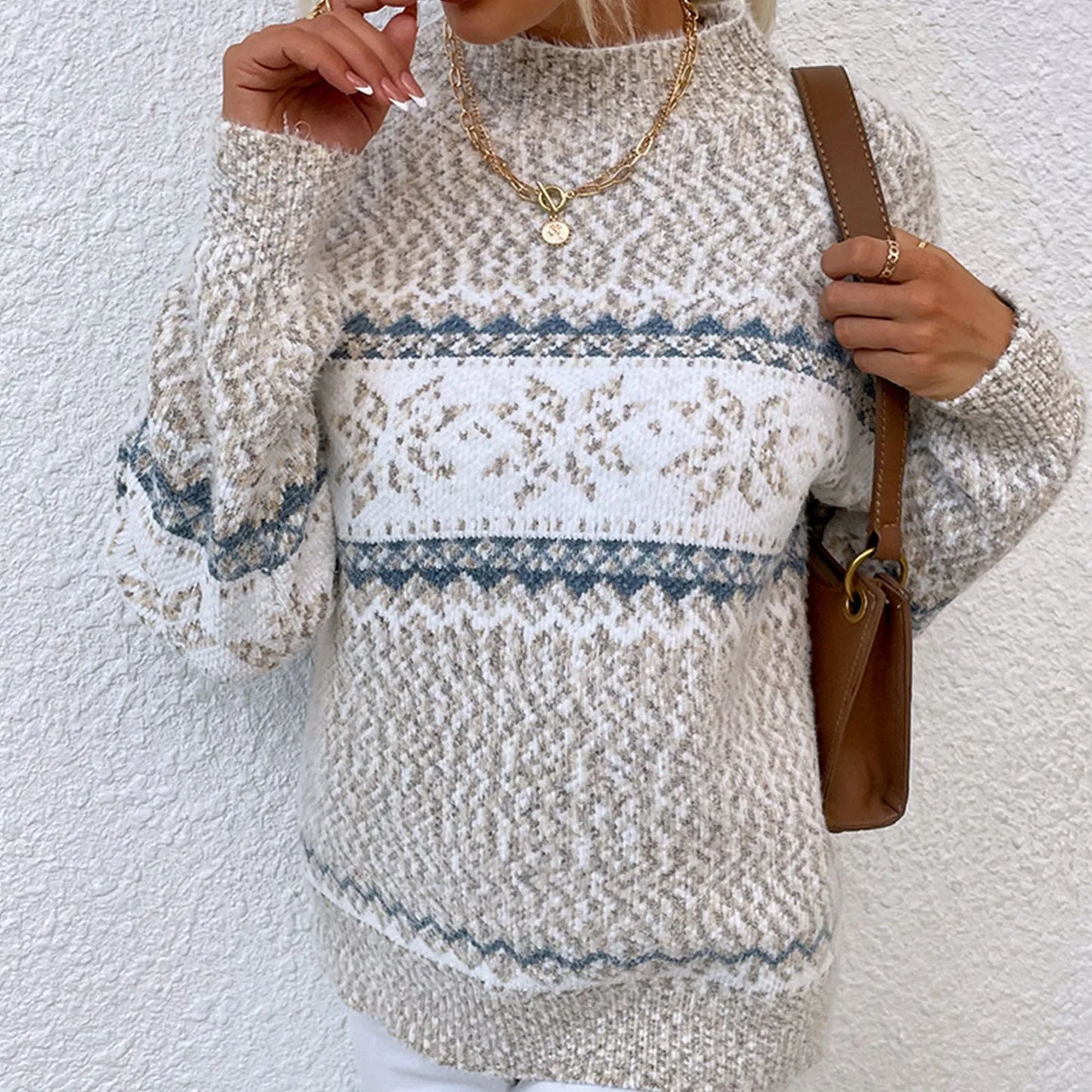 Lucia - Hässlicher Weihnachtspulli - Halber Rollkragenpullover mit Schneeflockenmotiv