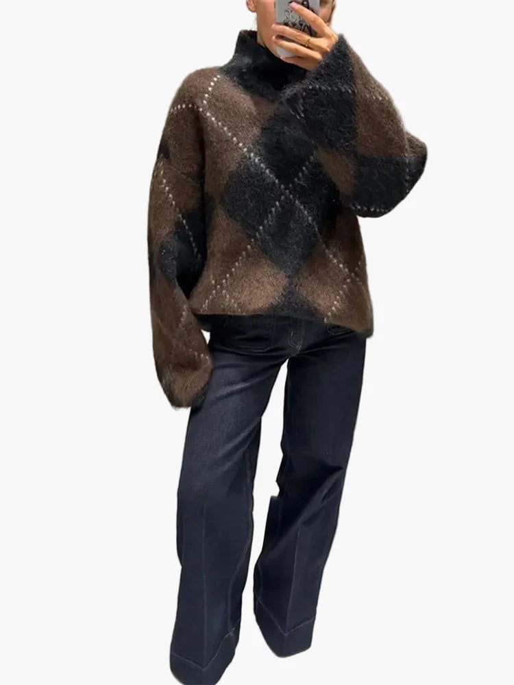 Damen Oversize Strickpullover im Karo-Design für Herbst und Winter – Trendiger und Bequemer Freizeitlook