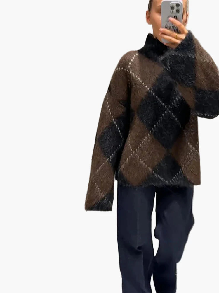 Damen Oversize Strickpullover im Karo-Design für Herbst und Winter – Trendiger und Bequemer Freizeitlook