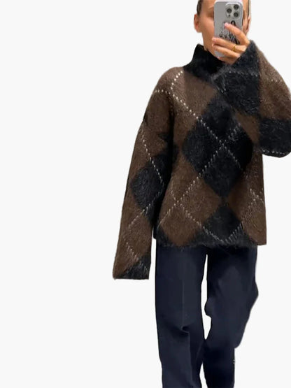 Damen Oversize Strickpullover im Karo-Design für Herbst und Winter – Trendiger und Bequemer Freizeitlook