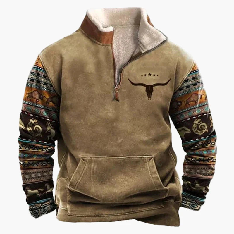 Herren Western Fleece Pullover mit Ethno-Muster und Stehkragen – Ideal für Outdoor & Freizeit
