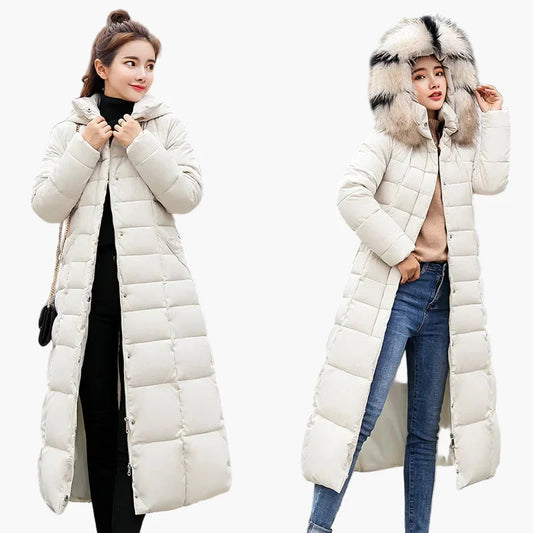 Damen Winter Daunenmantel mit Kapuze und Fellkragen – Eleganter Koreanischer Stil, Lang, Wärmend, Modisch