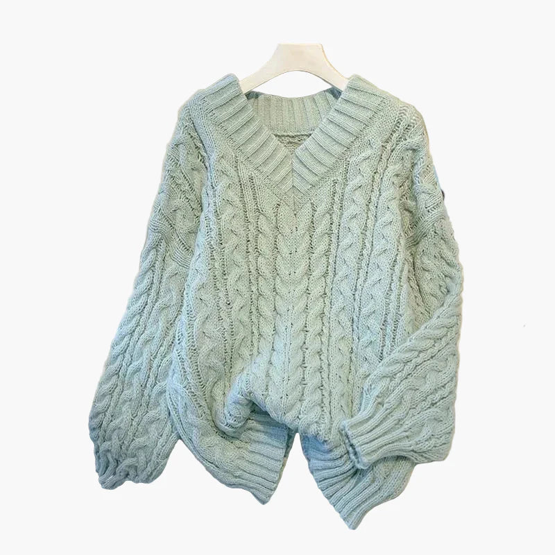 Damen Strickpullover im Zopfmuster – V-Ausschnitt, gemütlicher Oversize-Stil, modischer Winter-Look