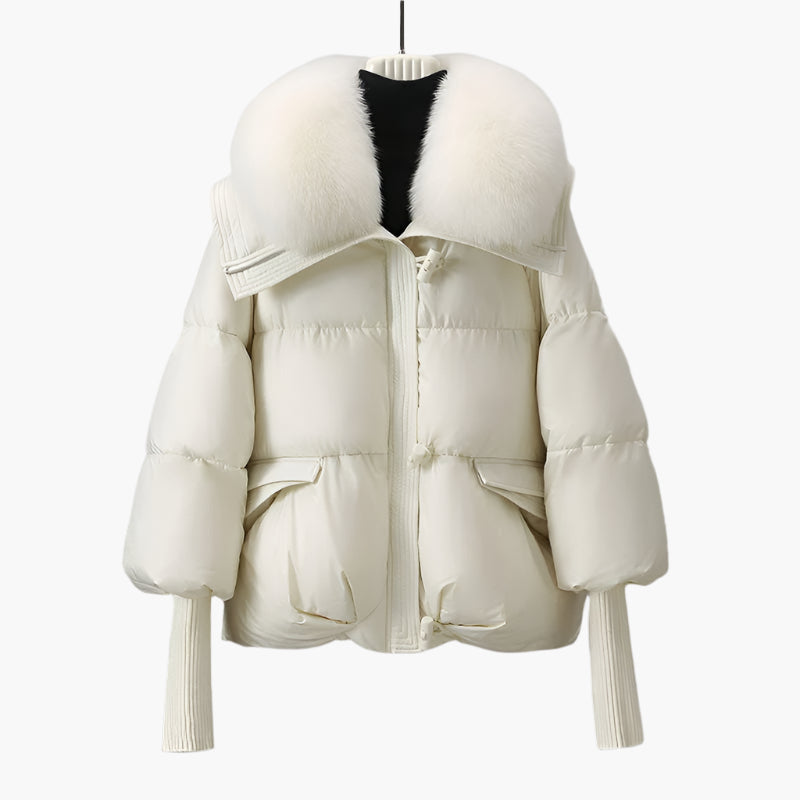 Damen Luxus Winter Steppjacke mit Fellkragen und verlängerten Ärmeln – Eleganter Glamour-Puffer für kalte Tage