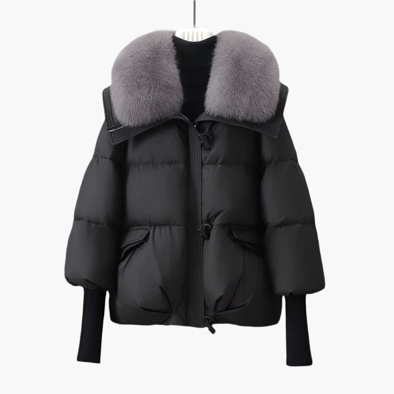 Damen Luxus Winter Steppjacke mit Fellkragen und verlängerten Ärmeln – Eleganter Glamour-Puffer für kalte Tage