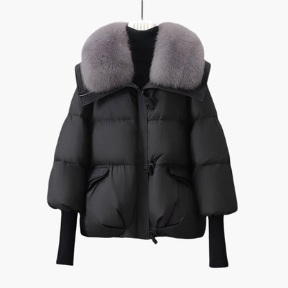 Damen Luxus Winter Steppjacke mit Fellkragen und verlängerten Ärmeln – Eleganter Glamour-Puffer für kalte Tage