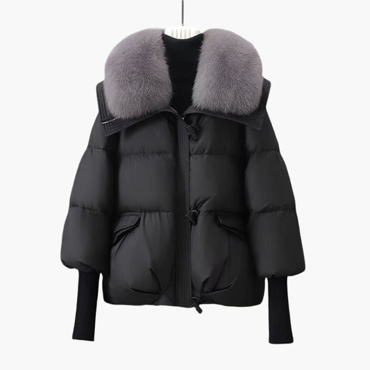 Damen Luxus Winter Steppjacke mit Fellkragen und verlängerten Ärmeln – Eleganter Glamour-Puffer für kalte Tage