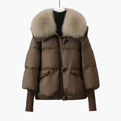 Damen Luxus Winter Steppjacke mit Fellkragen und verlängerten Ärmeln – Eleganter Glamour-Puffer für kalte Tage