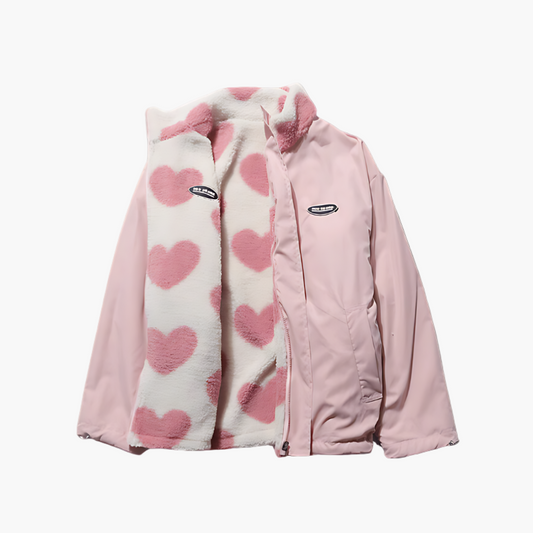 Damen Wendbare Fleecejacke mit Herzen – Stilvolle Outdoor Freizeitjacke, Reißverschluss, Kuschelig & Vielseitig