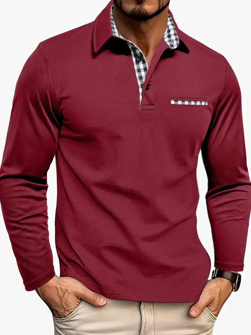 Herren Langarm Poloshirt mit Karomuster-Details – Eleganter und Vielseitiger Freizeitstil