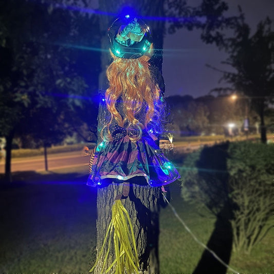 Halloween Hexen-Deko mit Lichterkette – Baum-Pendelfigur für Außenbereich, Party & Gartendekoration