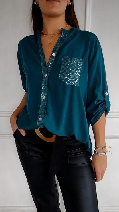Ruth – Freizeit Bluse mit Pailletten Tasche Design